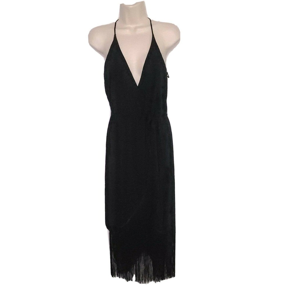 Honey Punch Fringe Dress SZ Small Black Surplice